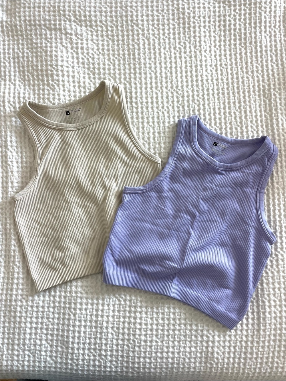 Ribbed Cropped Tank Top Set - Cream & Light Purple